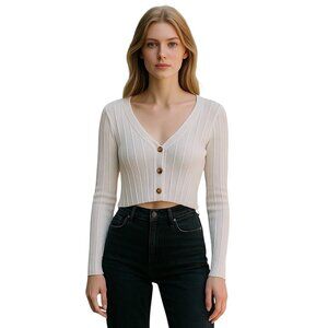 Aeropostale Ribbed Crop Cardigan White Size L Y2K Festival Summer Beach Coastal
